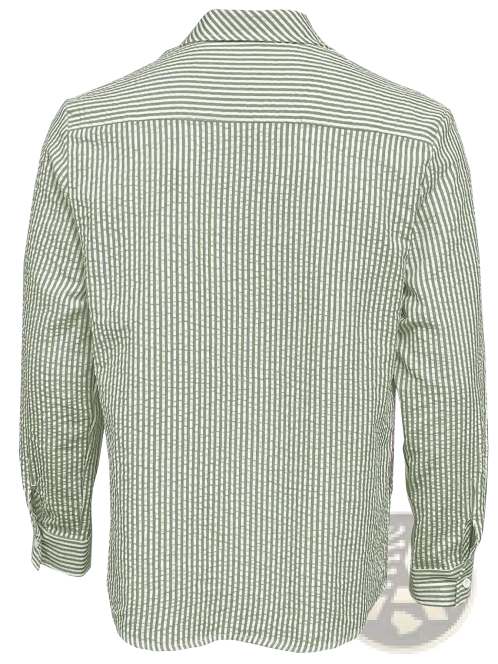 Striped casual long sleeve shirt for men in green and white vertical stripes made of lightweight fabric with finished cuffs
