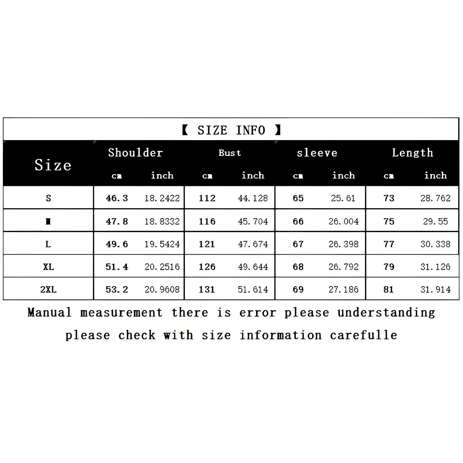 Size chart for striped casual long sleeve shirt for men showing measurements in centimeters and inches from S to 2XL