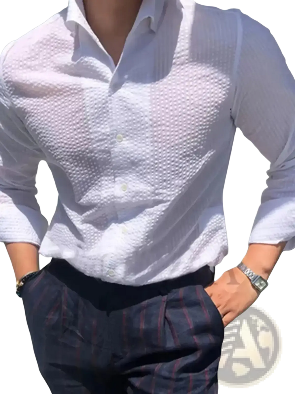Striped casual long sleeve shirt for men in white textured fabric with subtle woven pattern and button-down front
