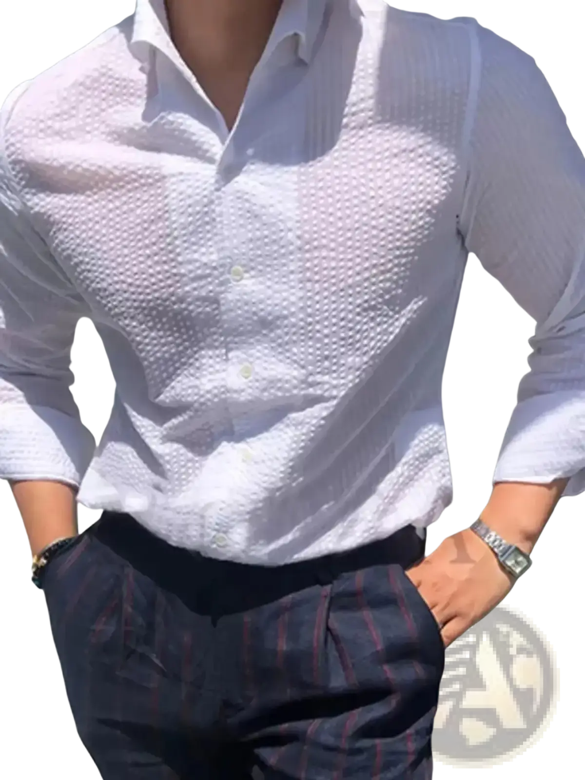 Striped casual long sleeve shirt for men in white textured fabric with subtle woven pattern and button-down front
