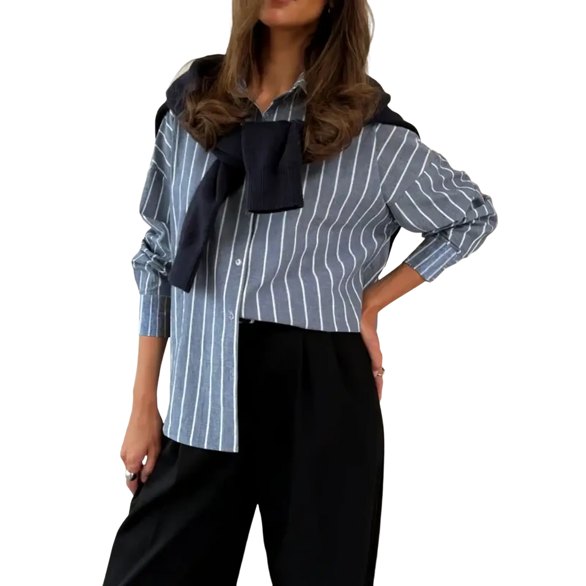 Striped chiffon blouse oversized button down shirt in blue and white with black fabric bow at the neckline