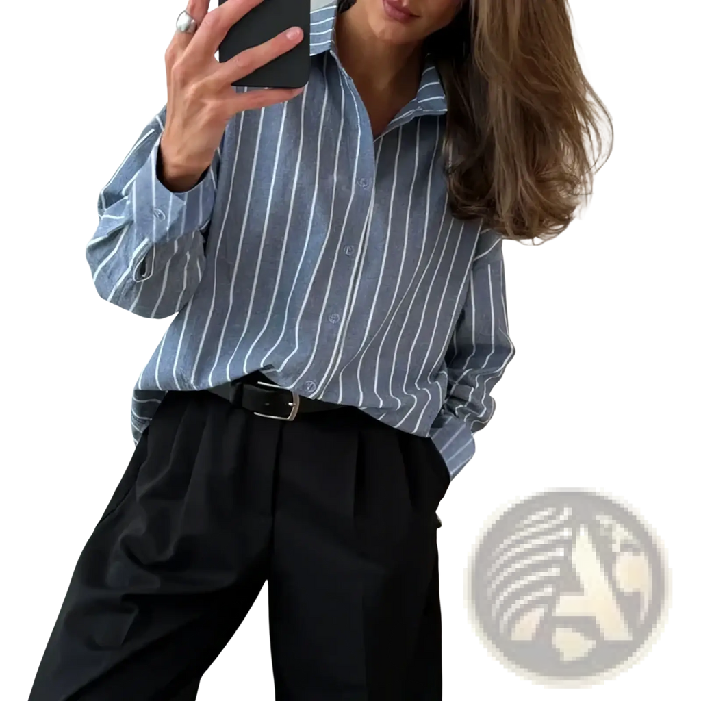 Blue and white vertically striped long-sleeved chiffon blouse oversized button-down shirt front view