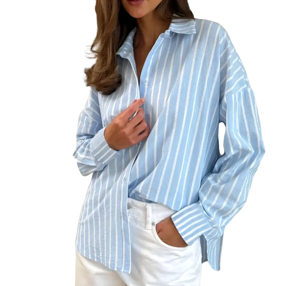 Light blue and white vertically striped oversized chiffon blouse with buttons and long sleeves for a stylish look