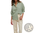 A soft green and white vertically striped chiffon oversized button down shirt with rolled up sleeves