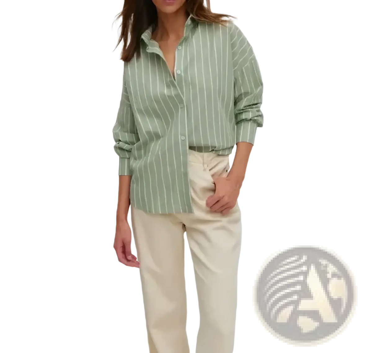 A soft green and white vertically striped chiffon oversized button down shirt with rolled up sleeves