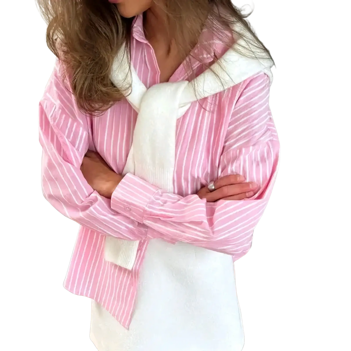 A pink and white vertically striped chiffon blouse oversized button down shirt with long sleeves and a cozy fit