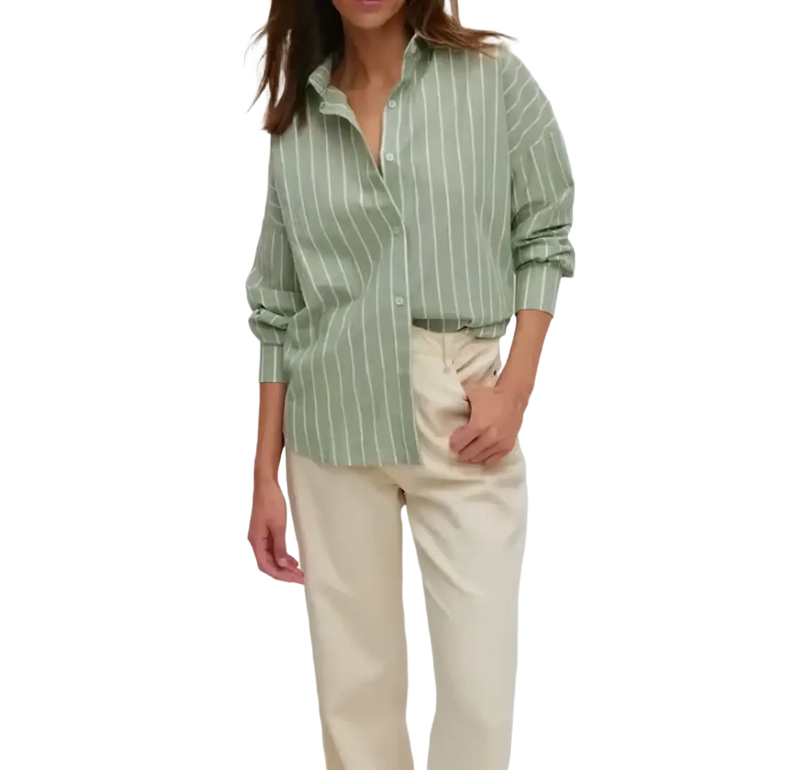 A soft green and white vertically striped chiffon oversized button down shirt with rolled up sleeves