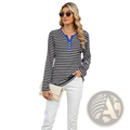 Black and white striped henley long sleeve t shirt with blue collar and button placket casual top
