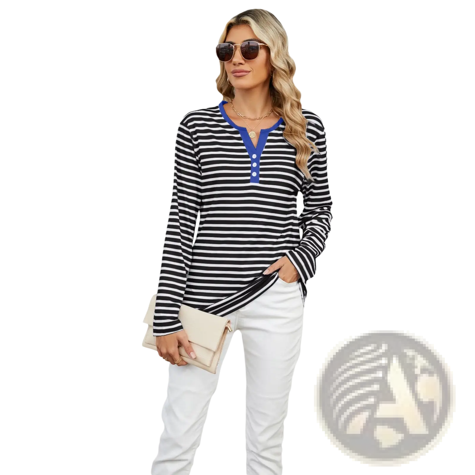 Black and white striped henley long sleeve t shirt with blue collar and button placket casual top