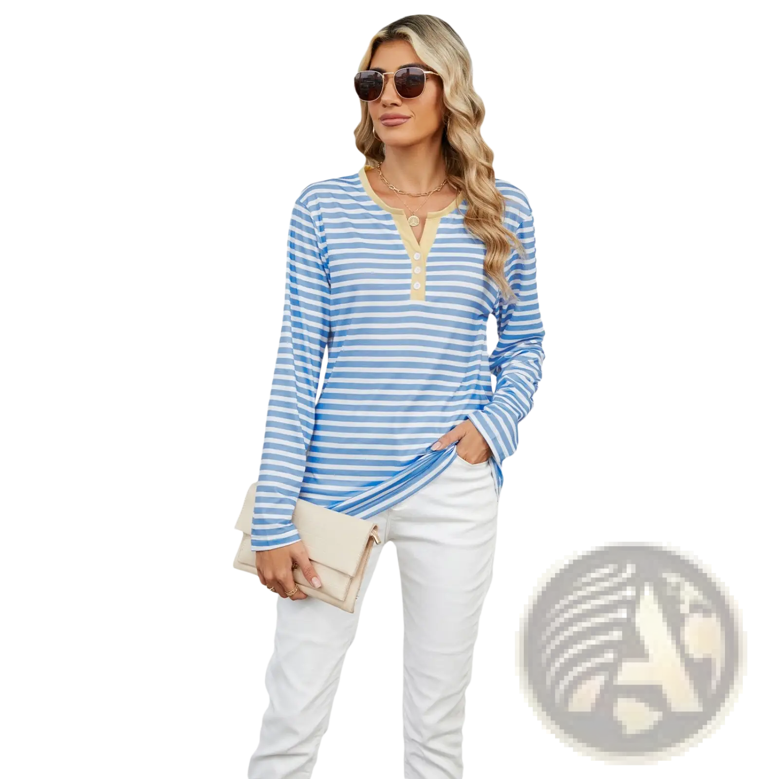 A woman wearing a long-sleeved blue and white striped henley v neck t shirt with beige button placket