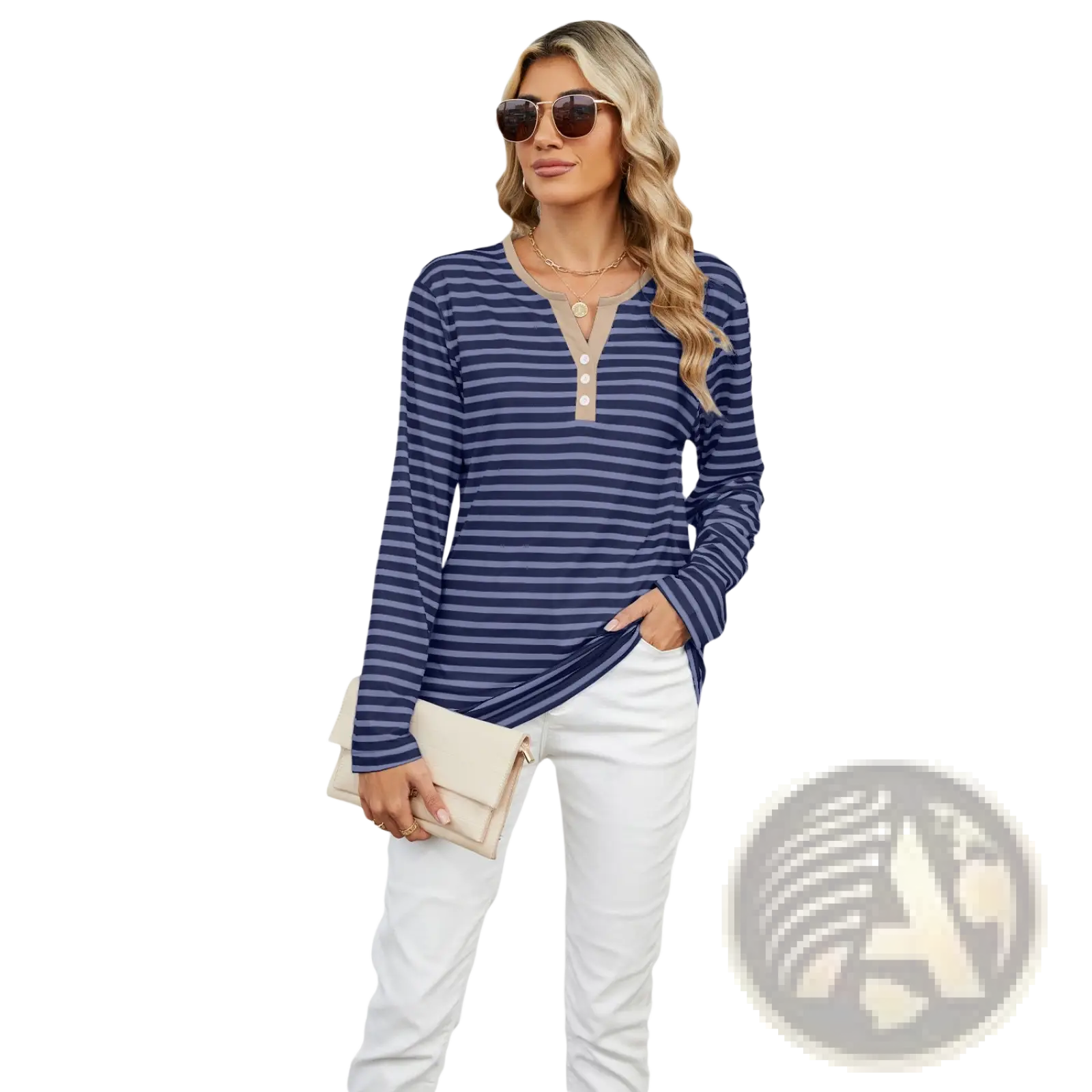 Navy and beige striped cotton henley long sleeve t shirt with v neck and contrast detailing for casual wear