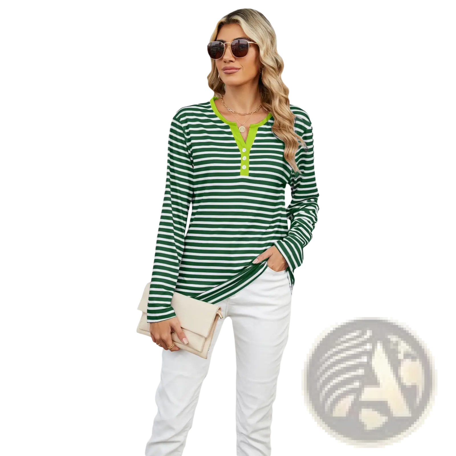 Striped contrast henley long sleeve v neck t shirt in green and white stripes with lime green collar and button placket