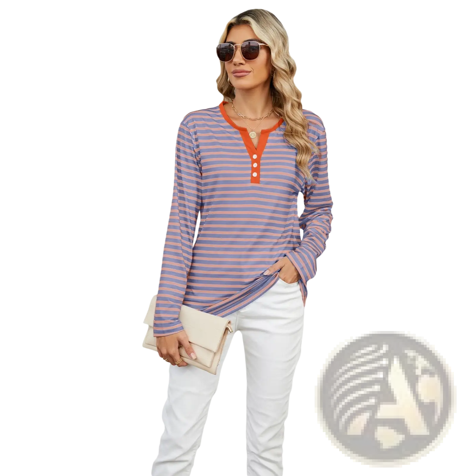 Striped contrast henley long sleeve v neck t shirt with lavender and light purple stripes and orange collar with buttons