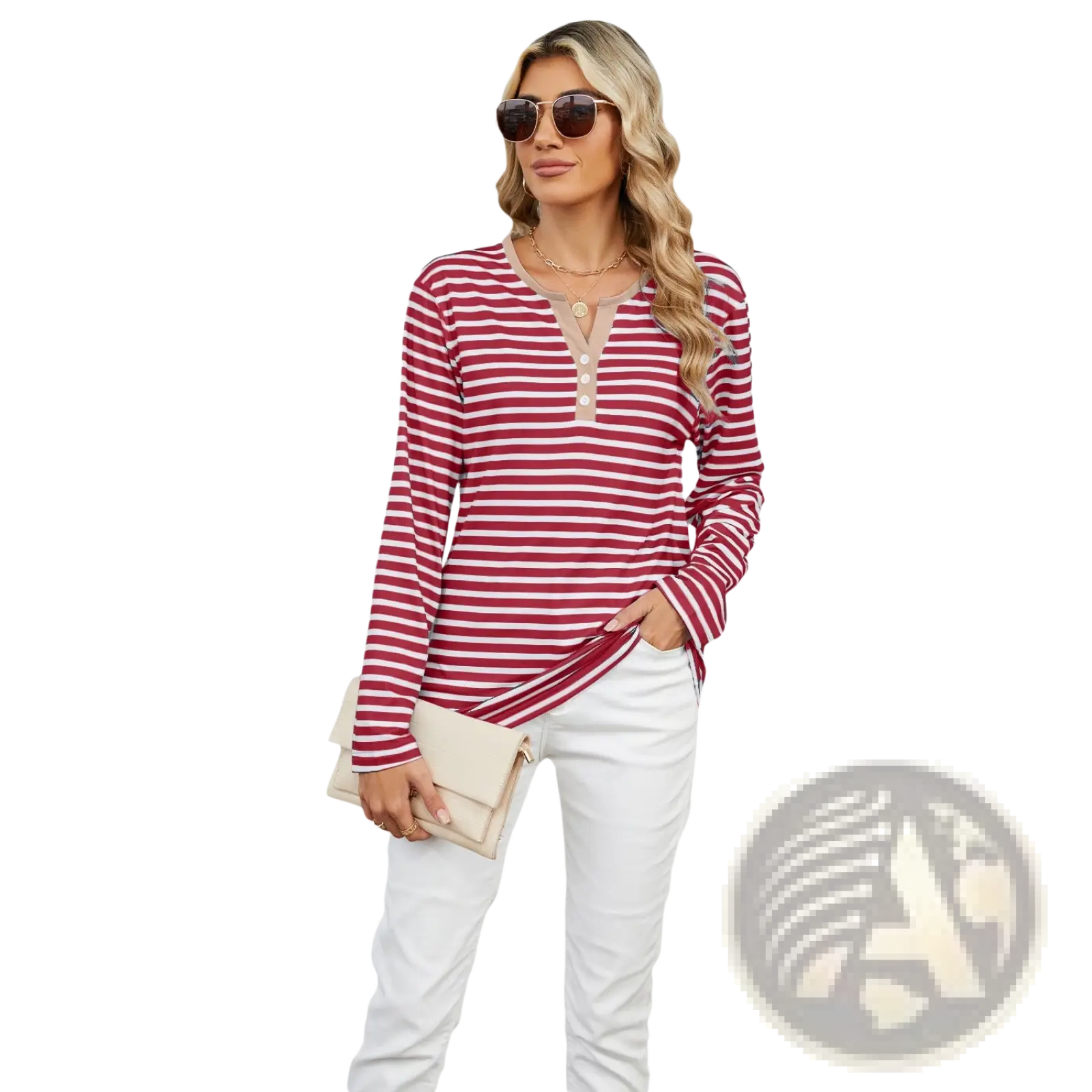 Striped contrast henley long sleeve v neck t shirt with red and white stripes and beige button placket for women
