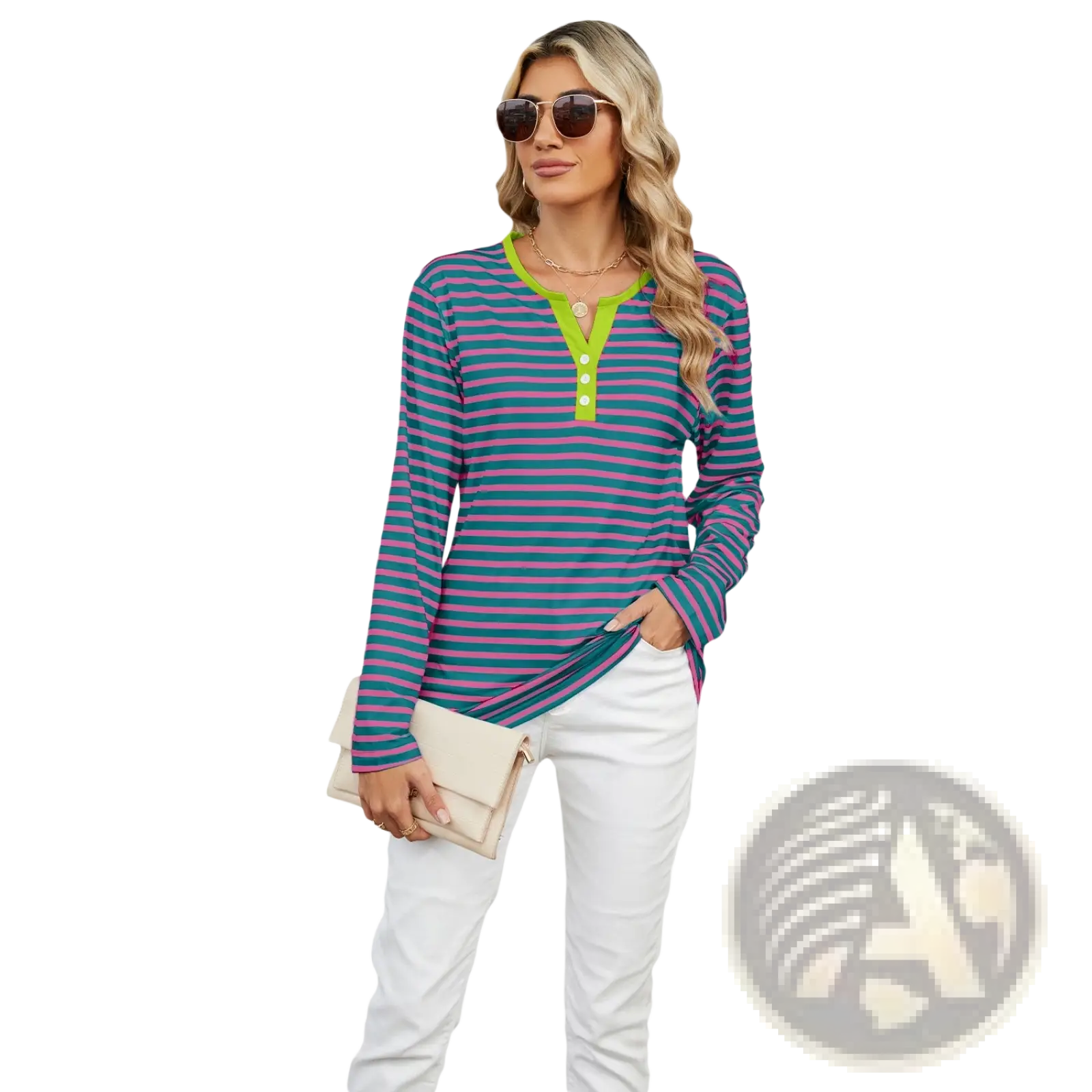 Striped contrast henley long sleeve v neck t shirt in navy and pink with a lime green collar and placket