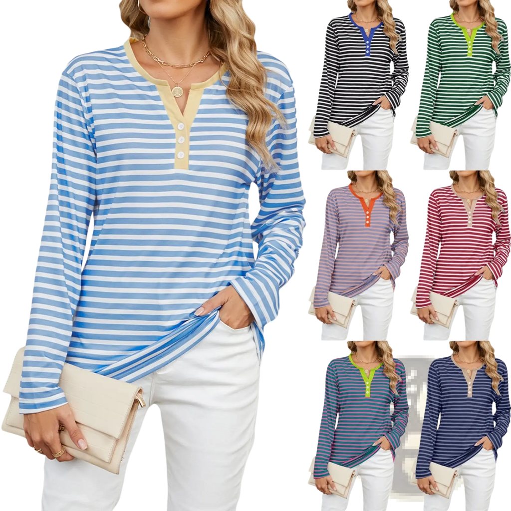 Blue and white striped long-sleeve henley t shirt with v neck and contrasting yellow collar and button placket