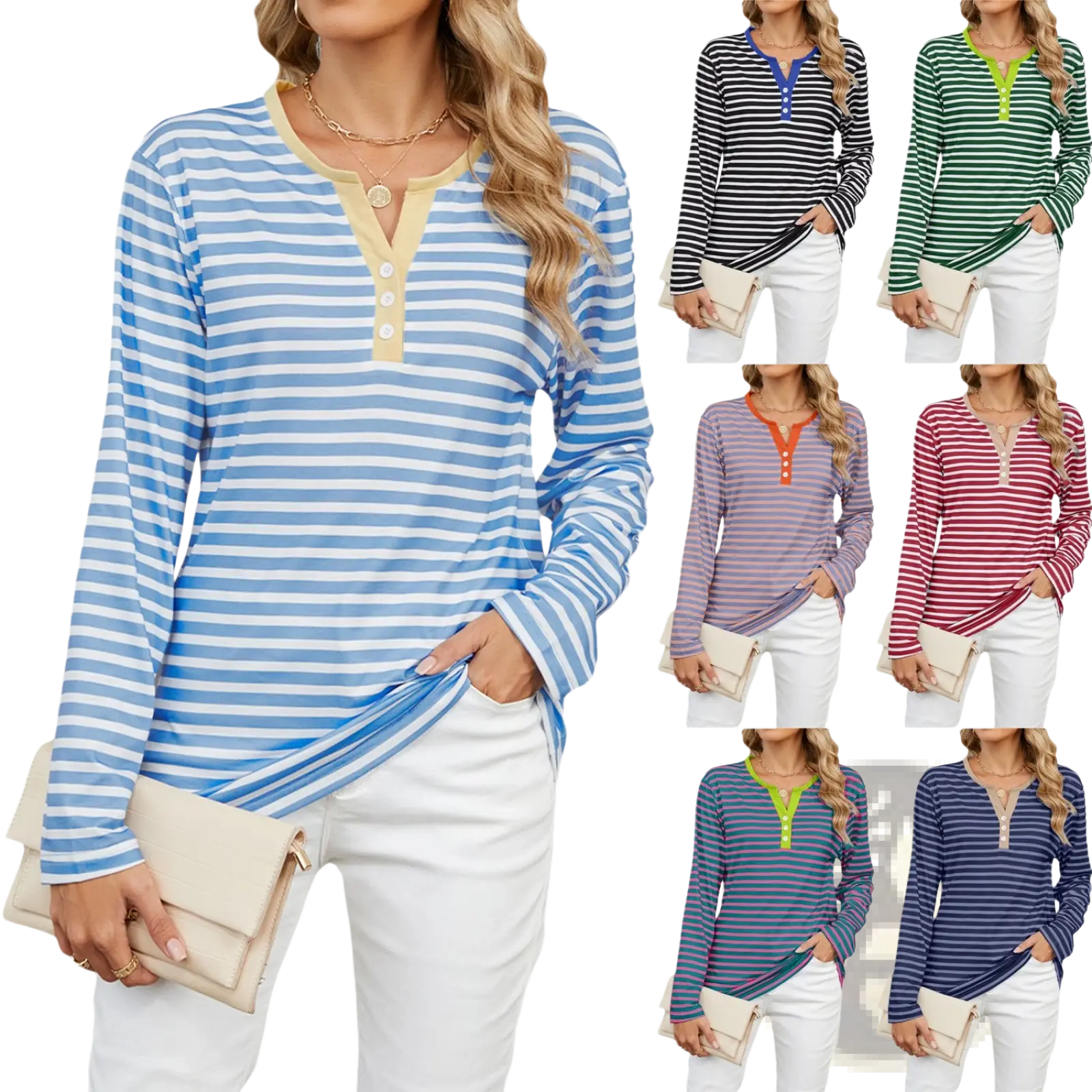 Blue and white striped long-sleeve henley t shirt with v neck and contrasting yellow collar and button placket