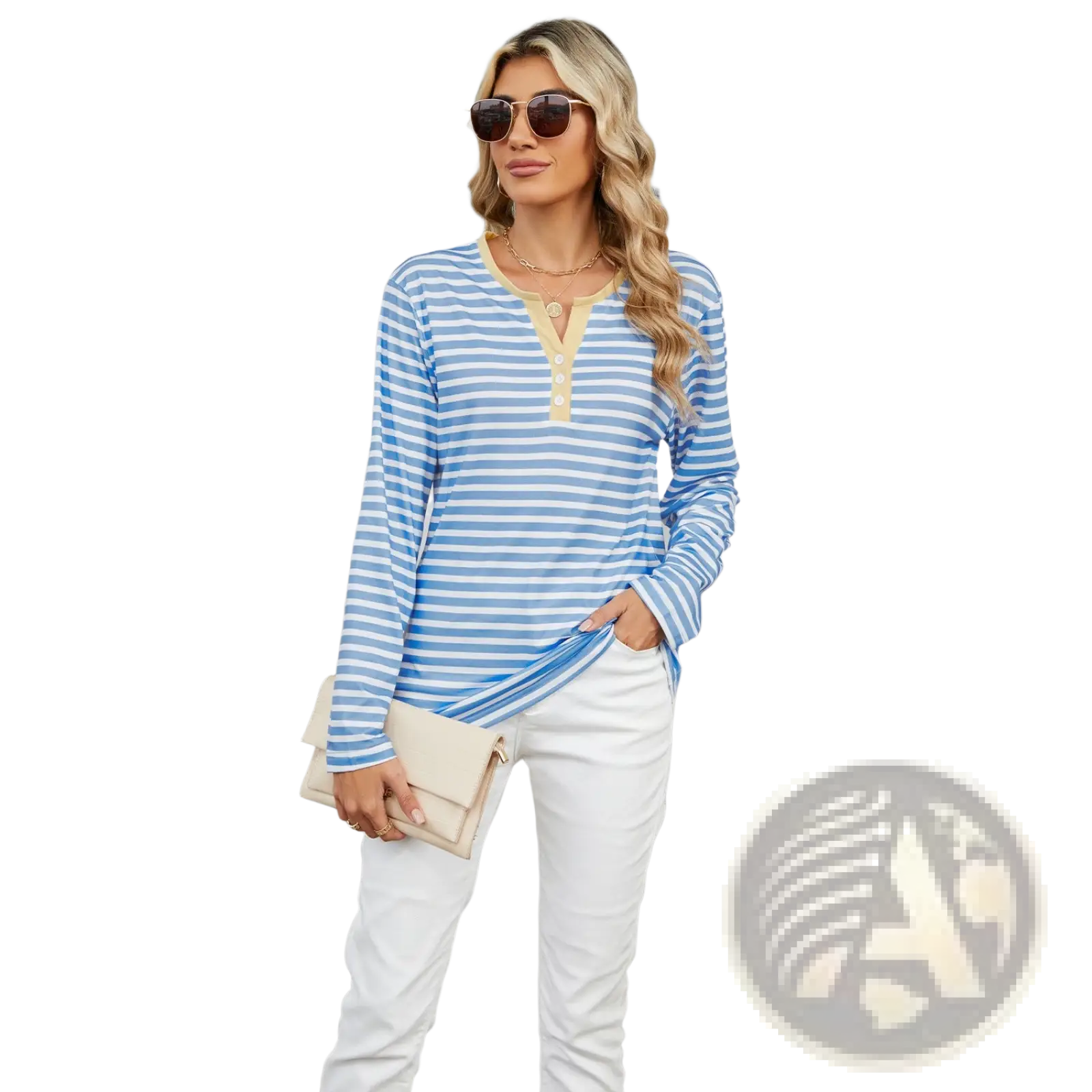 Striped contrast henley long sleeve v neck t shirt with blue and white stripes and yellow collar with button placket