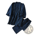 Dark blue striped cotton kimono pajama set for men with v-neck and three-quarter sleeves