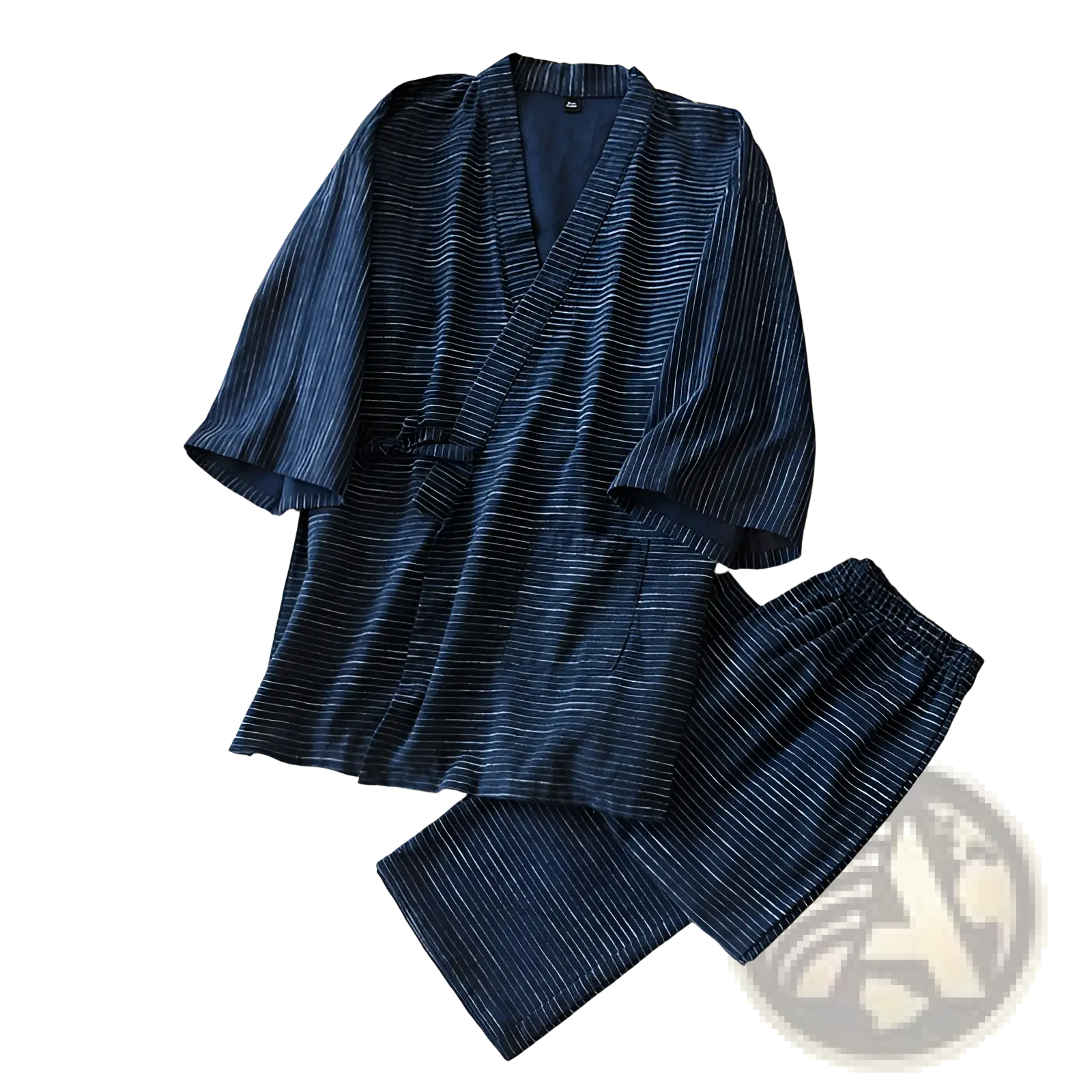 Dark blue striped cotton kimono pajama set for men with v-neck and three-quarter sleeves