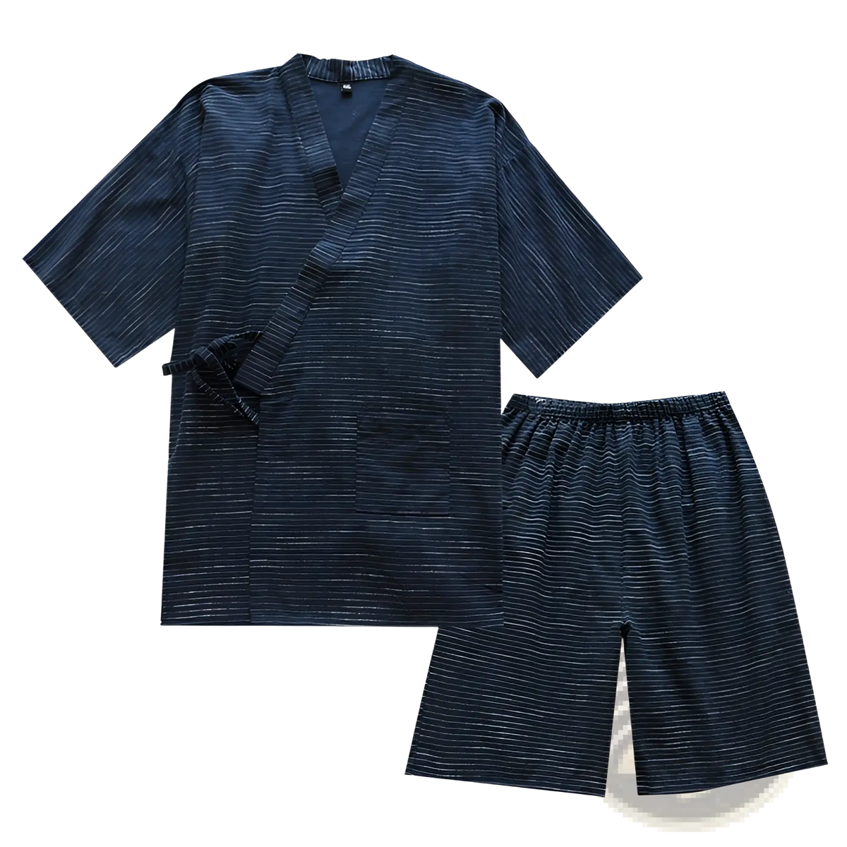 Dark blue striped cotton kimono pajama set for men featuring a short-sleeved top and matching shorts