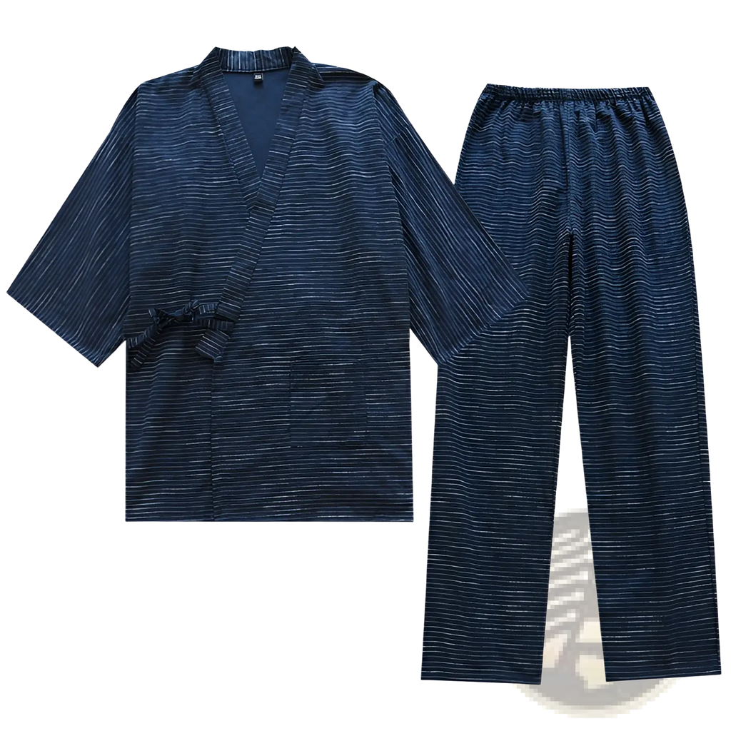 Dark blue cotton kimono pajama set for men with subtle horizontal stripes and traditional v-neck design