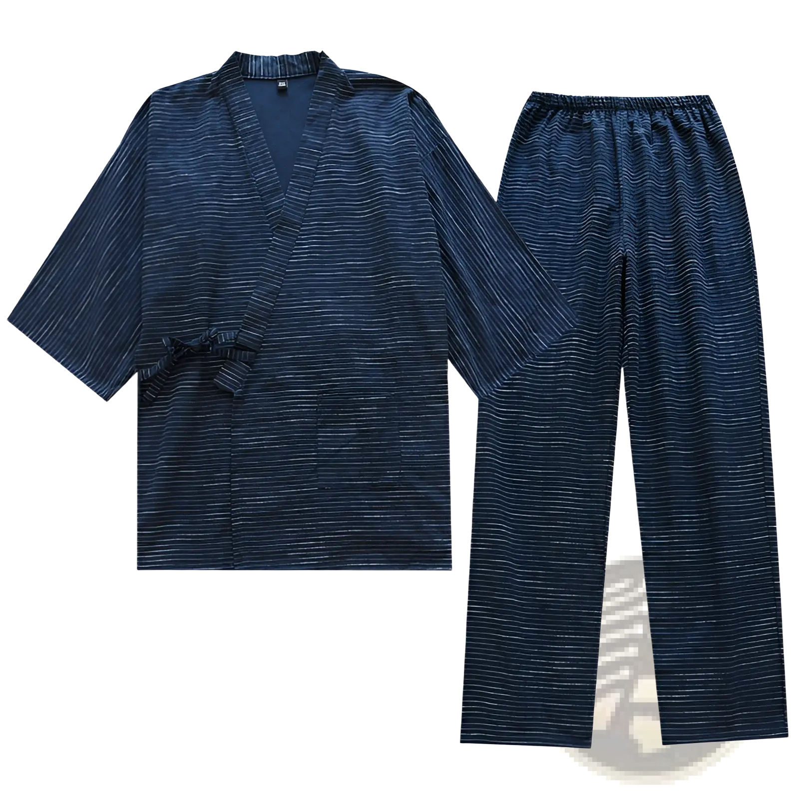 Dark blue cotton kimono pajama set for men with subtle horizontal stripes and traditional v-neck design