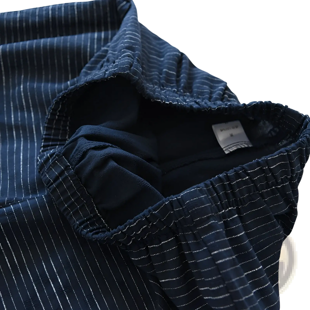 Navy blue pinstripe cotton pajama pants with elastic waistband from striped cotton kimono pajama set for men