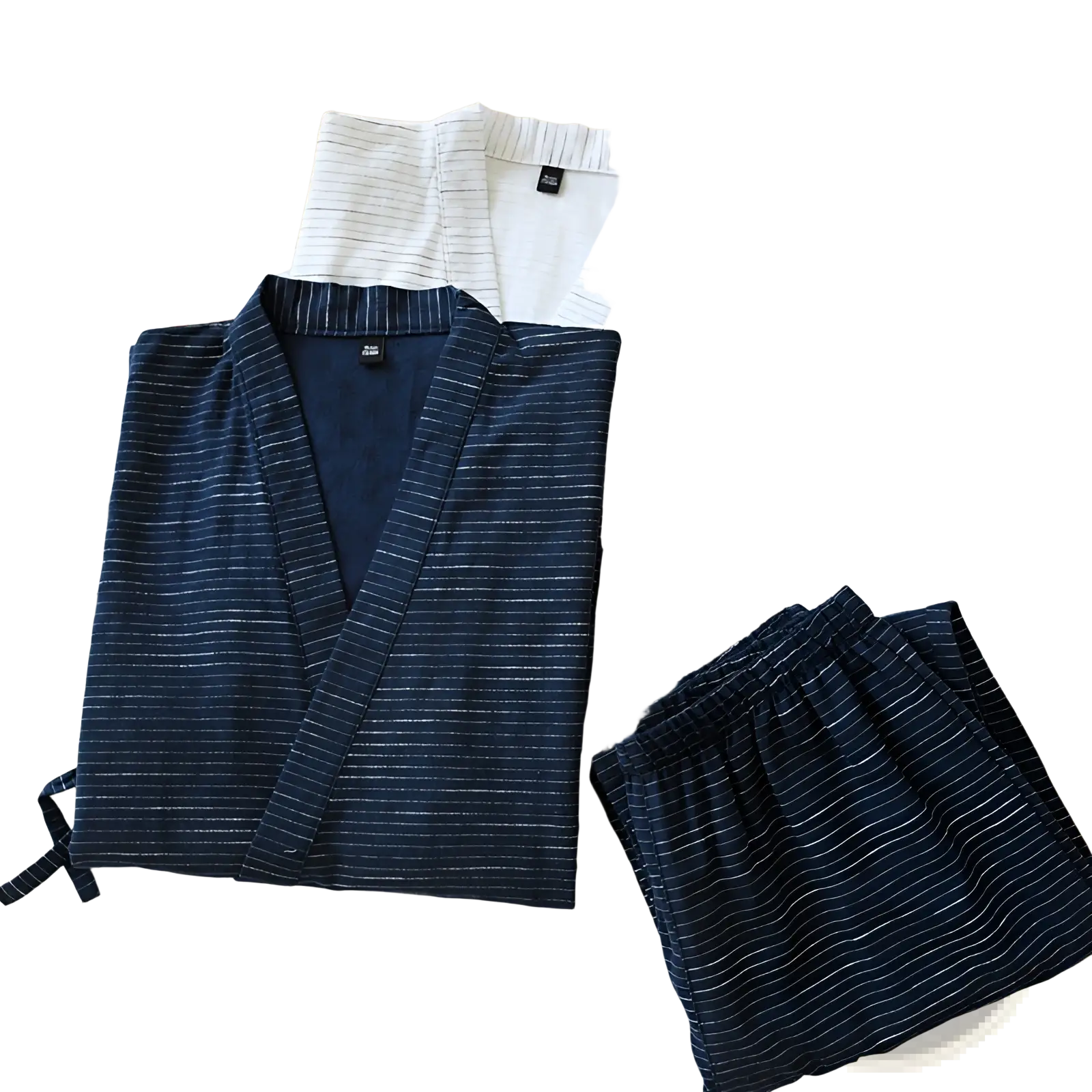 Navy blue striped cotton kimono pajama set for men with matching pants for comfortable loungewear use