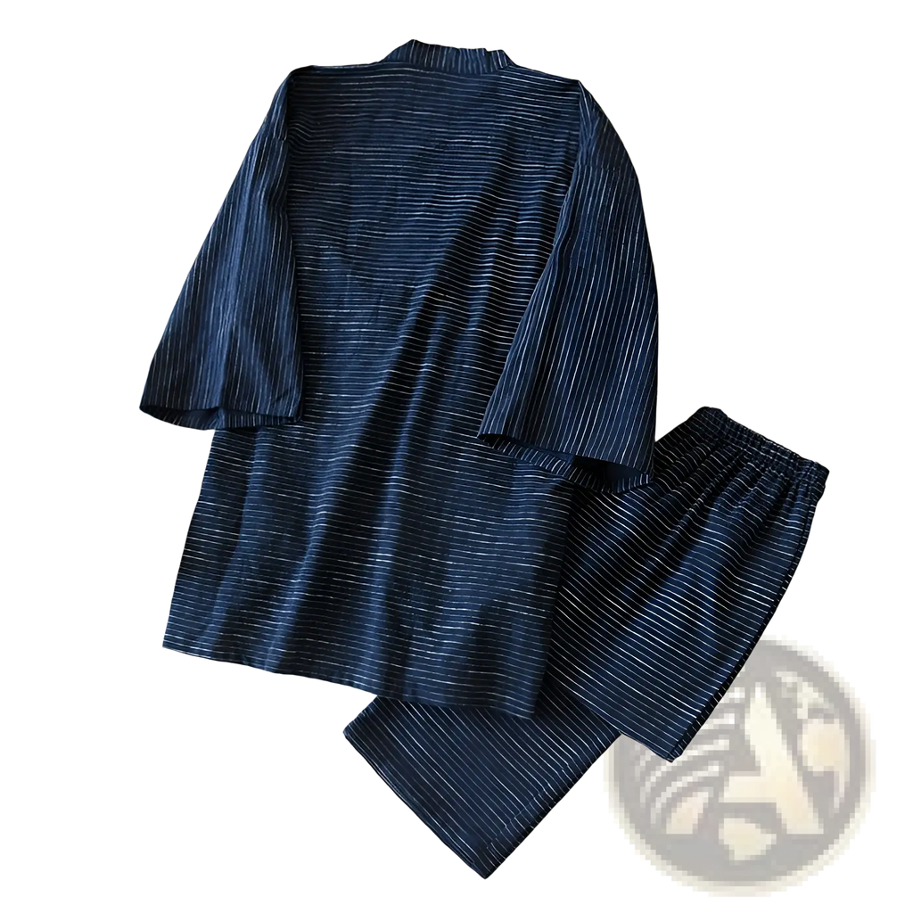 Navy blue striped cotton kimono pajama set for men with thin white vertical stripes and a relaxed loose fit