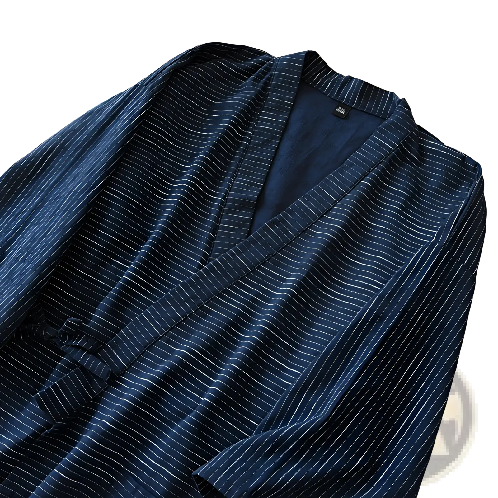A navy blue striped cotton kimono pajama set for men with fine white pinstripes and lightweight fabric