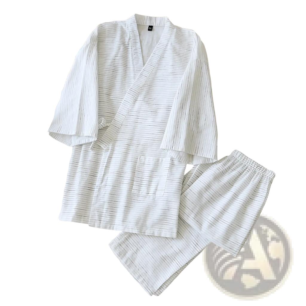 White striped cotton kimono pajama set for men with v-neck and loose fit for comfortable loungewear