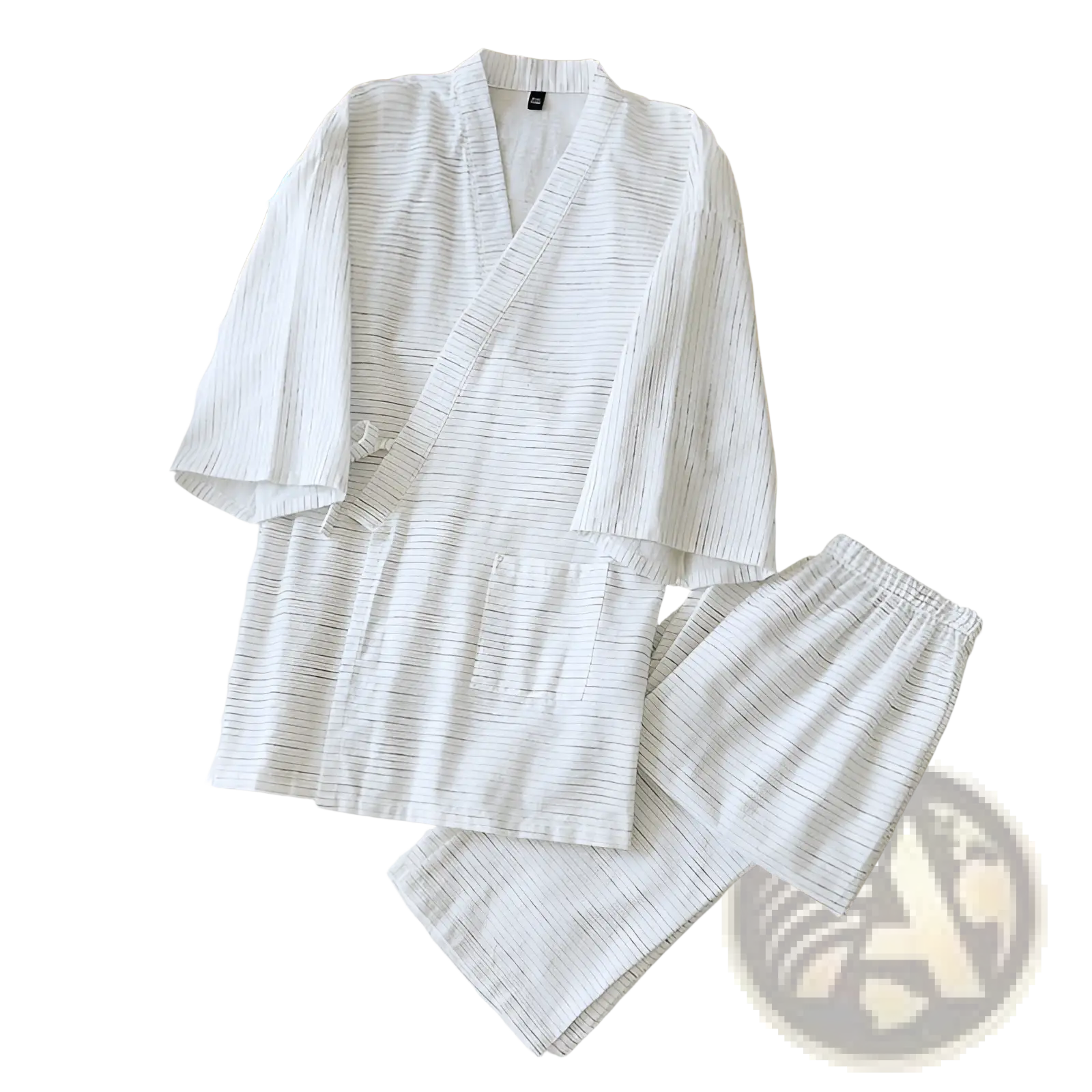 White striped cotton kimono pajama set for men with v-neck and loose fit for comfortable loungewear