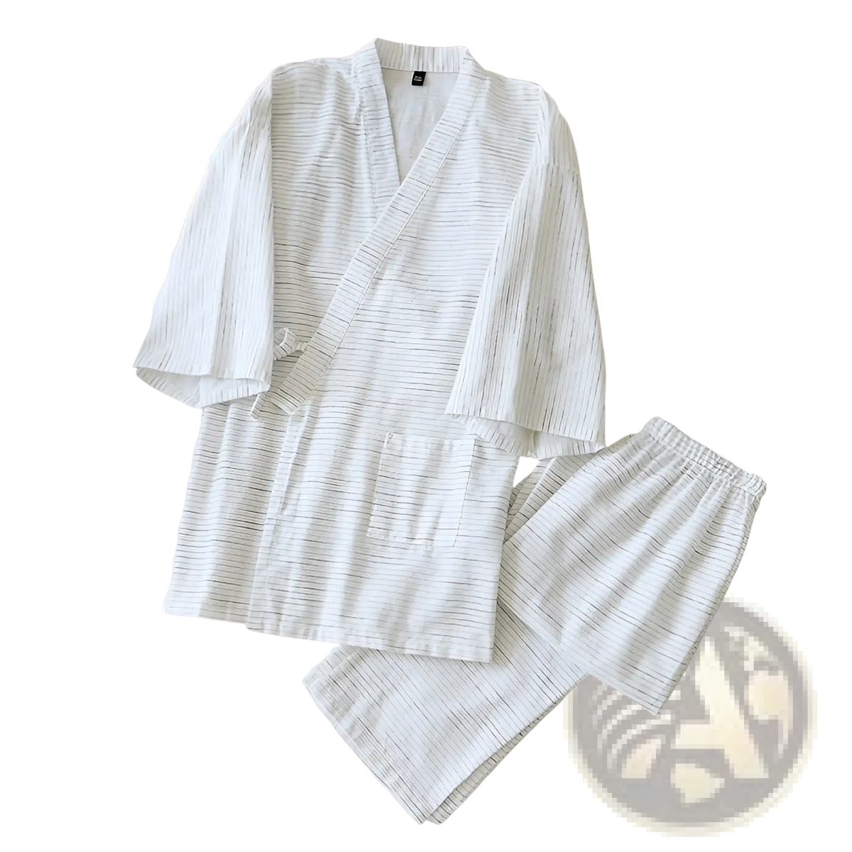 White striped cotton kimono pajama set for men featuring a v-neck and loose fit for comfortable wear