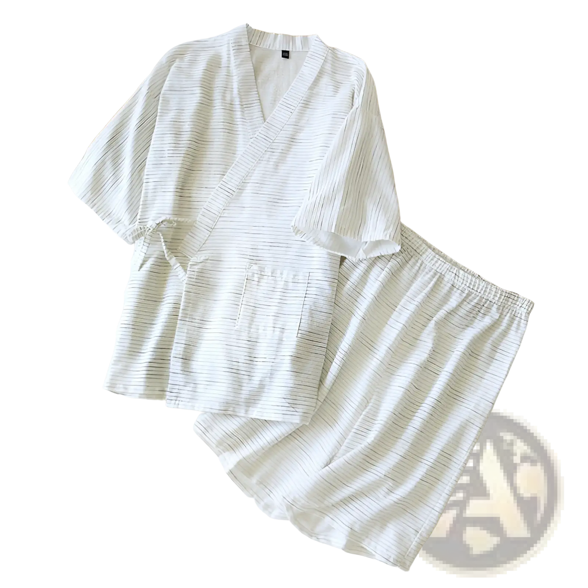 White striped cotton kimono pajama set for men with subtle vertical lines and v-neck design