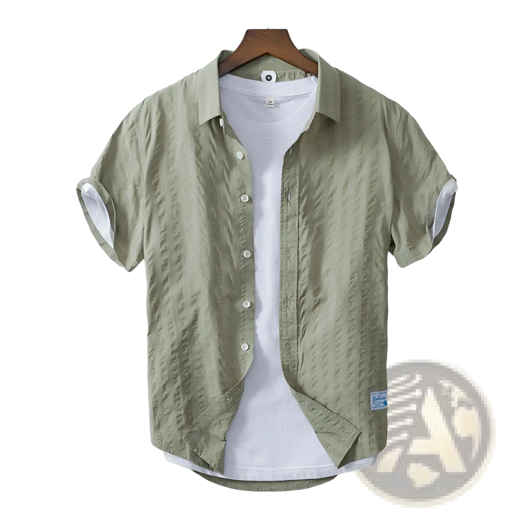 Striped cotton short sleeve casual shirt in olive green with subtle textured weave and white inner lining