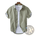 Striped cotton short sleeve casual shirt in olive green with subtle textured weave and white inner lining