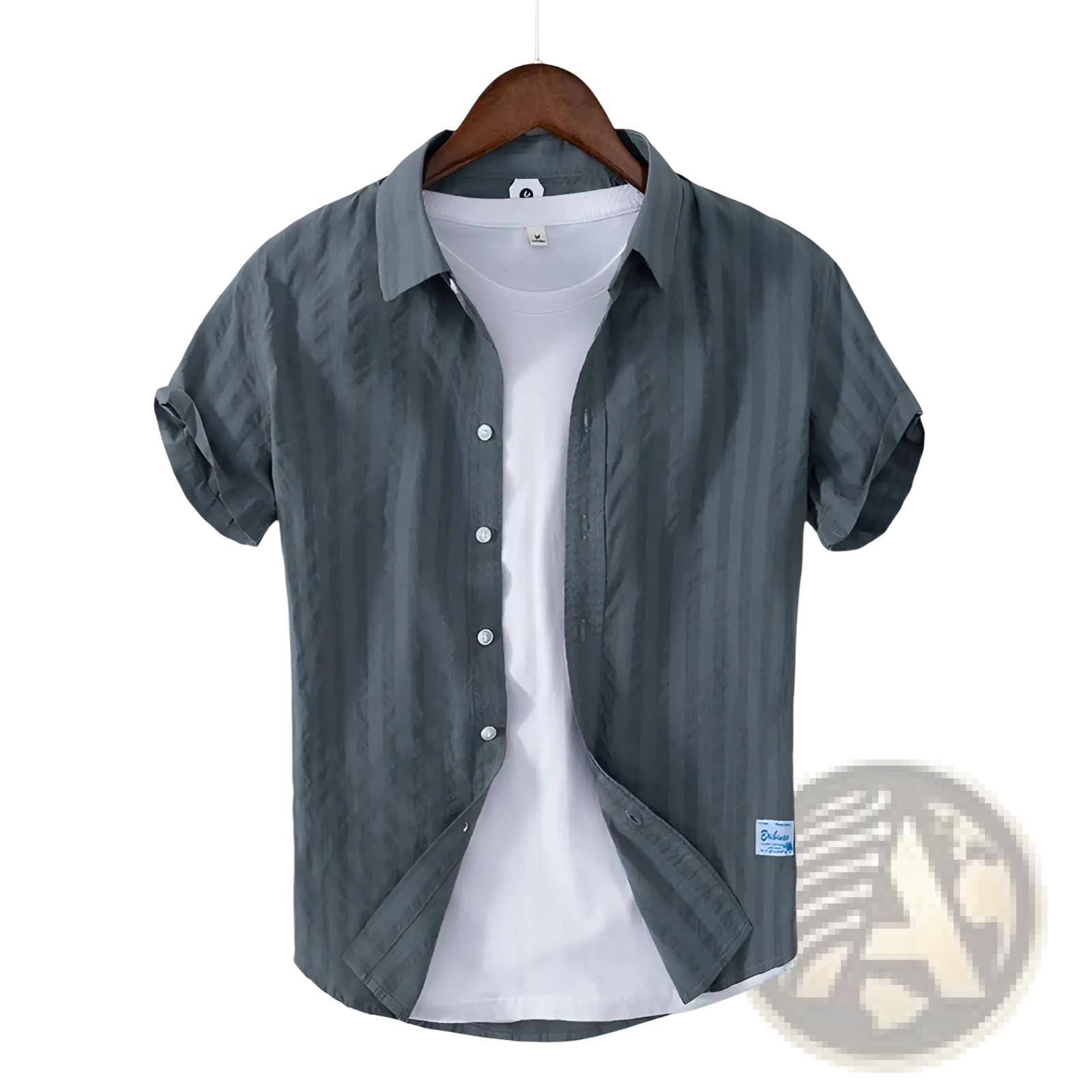 Dark gray striped cotton short sleeve casual shirt hanging on wooden hanger over white t-shirt