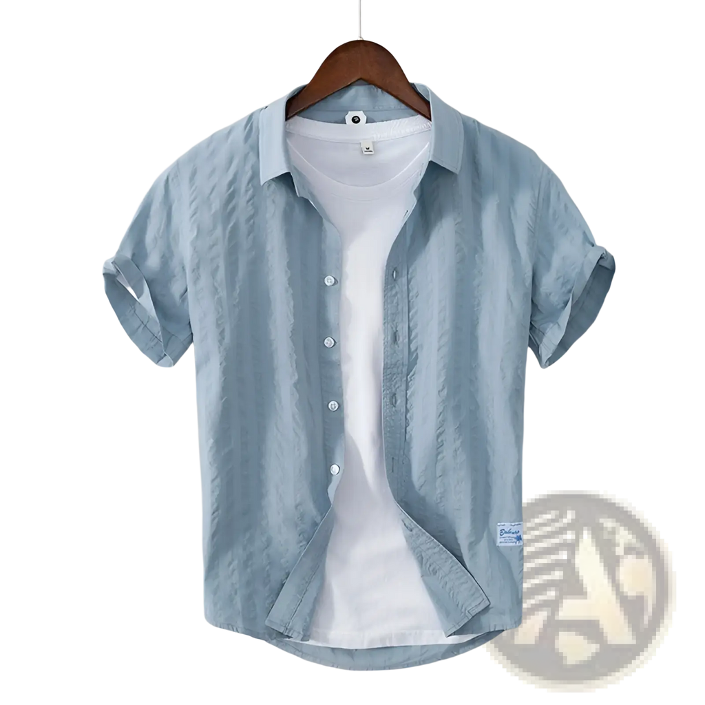 Light blue striped cotton short sleeve casual shirt with subtle textured weave and white inner lining