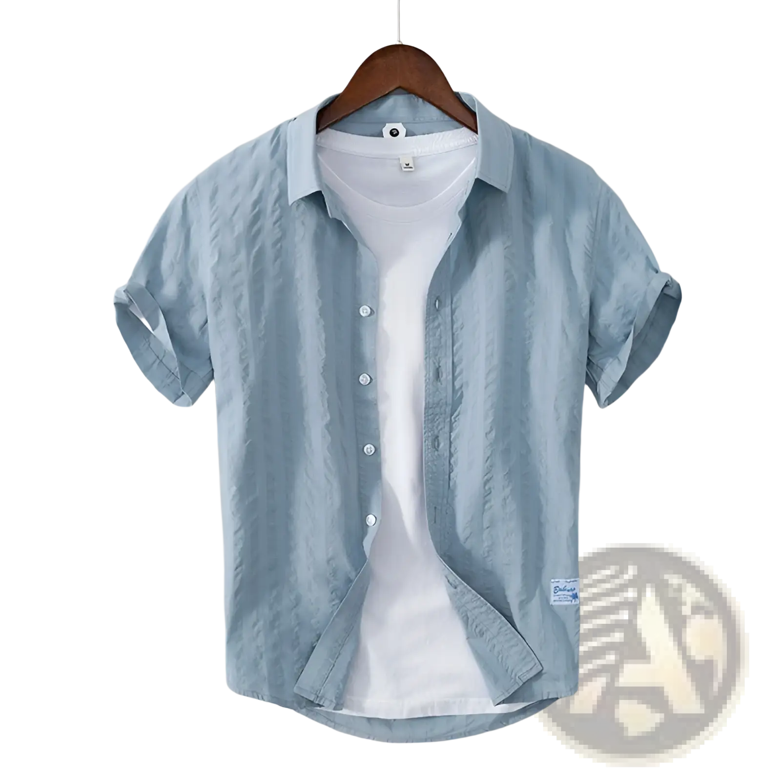 Light blue striped cotton short sleeve casual shirt with subtle textured weave and white inner lining