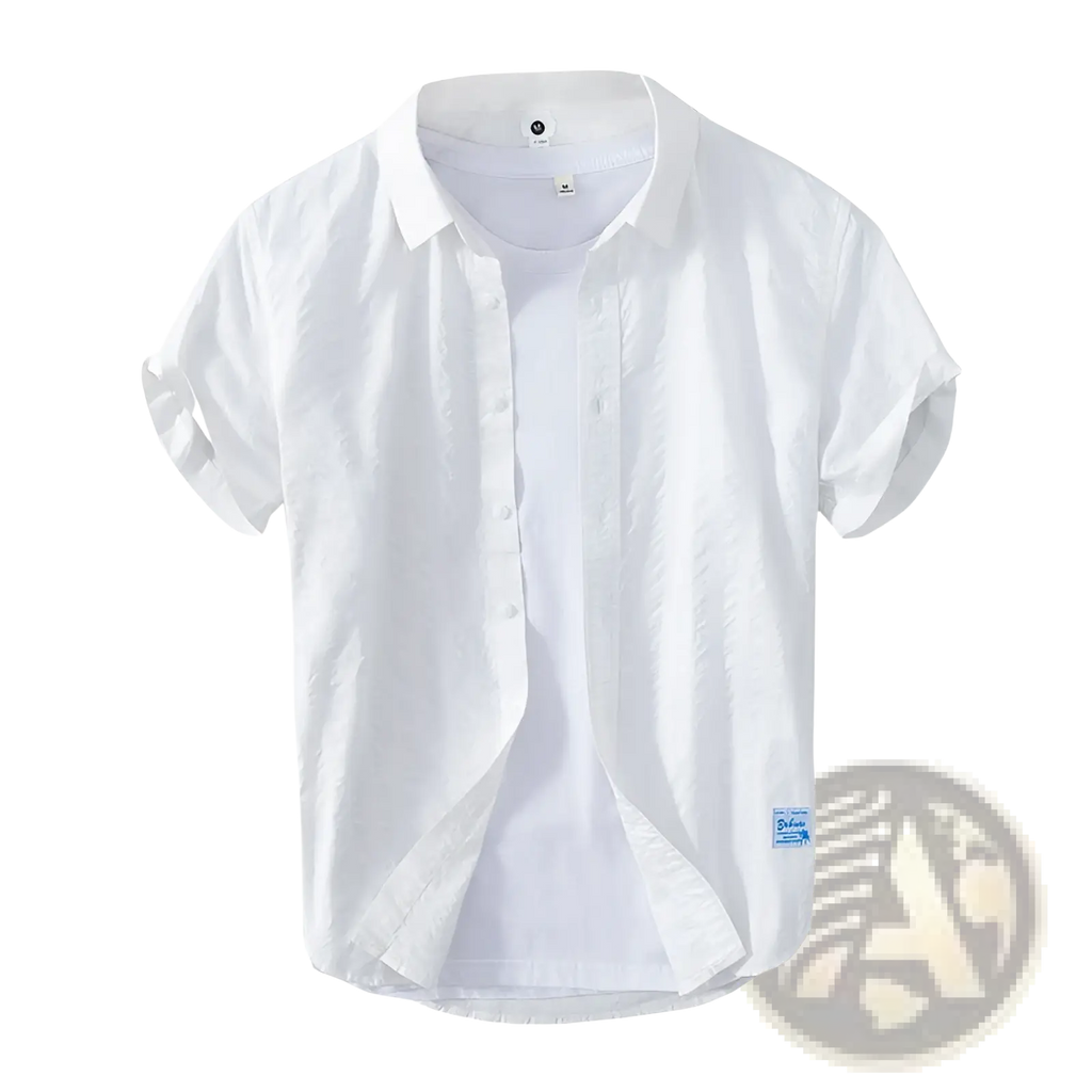 White striped cotton short sleeve casual shirt with classic collar and subtle fabric texture, front view