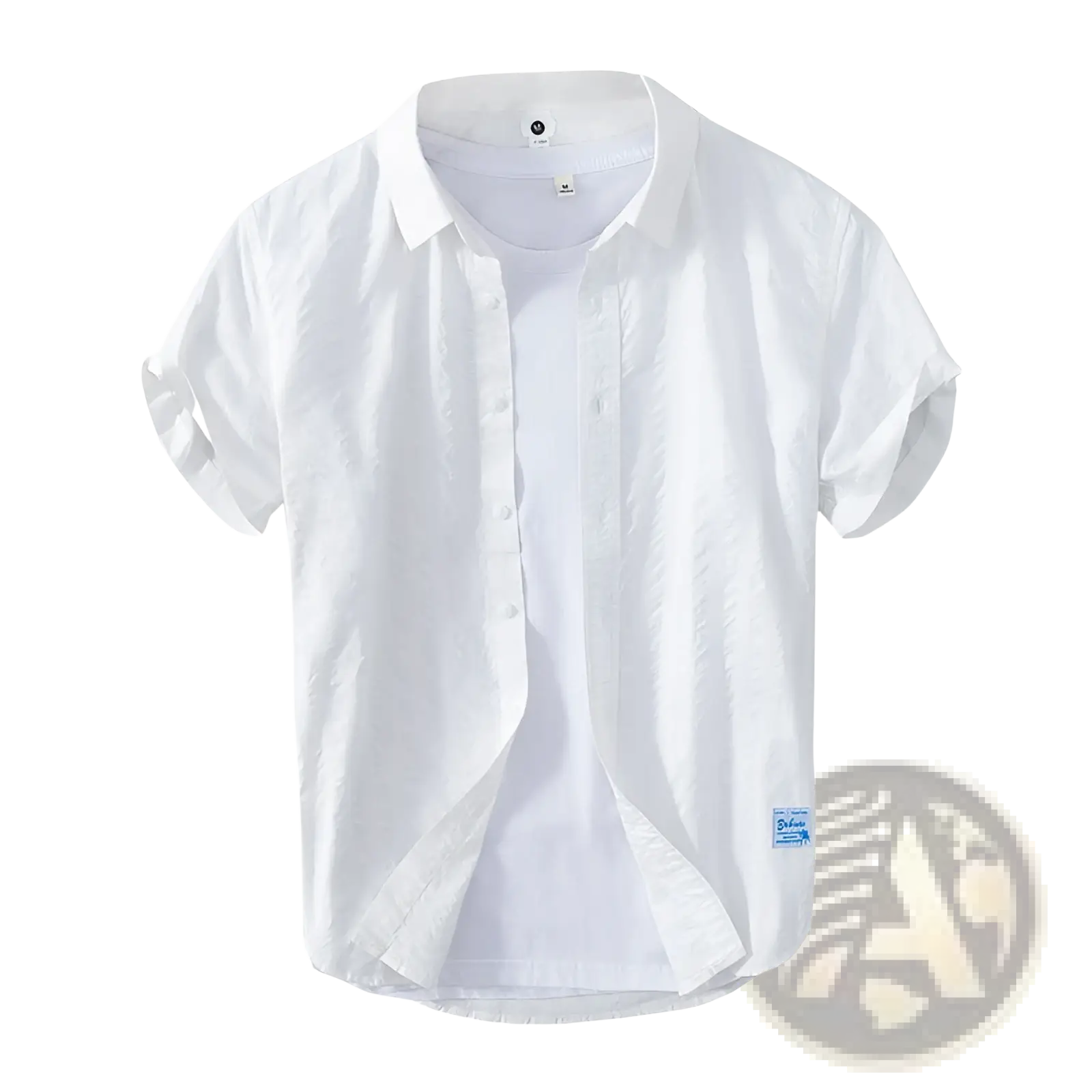 White striped cotton short sleeve casual shirt with classic collar and subtle fabric texture, front view