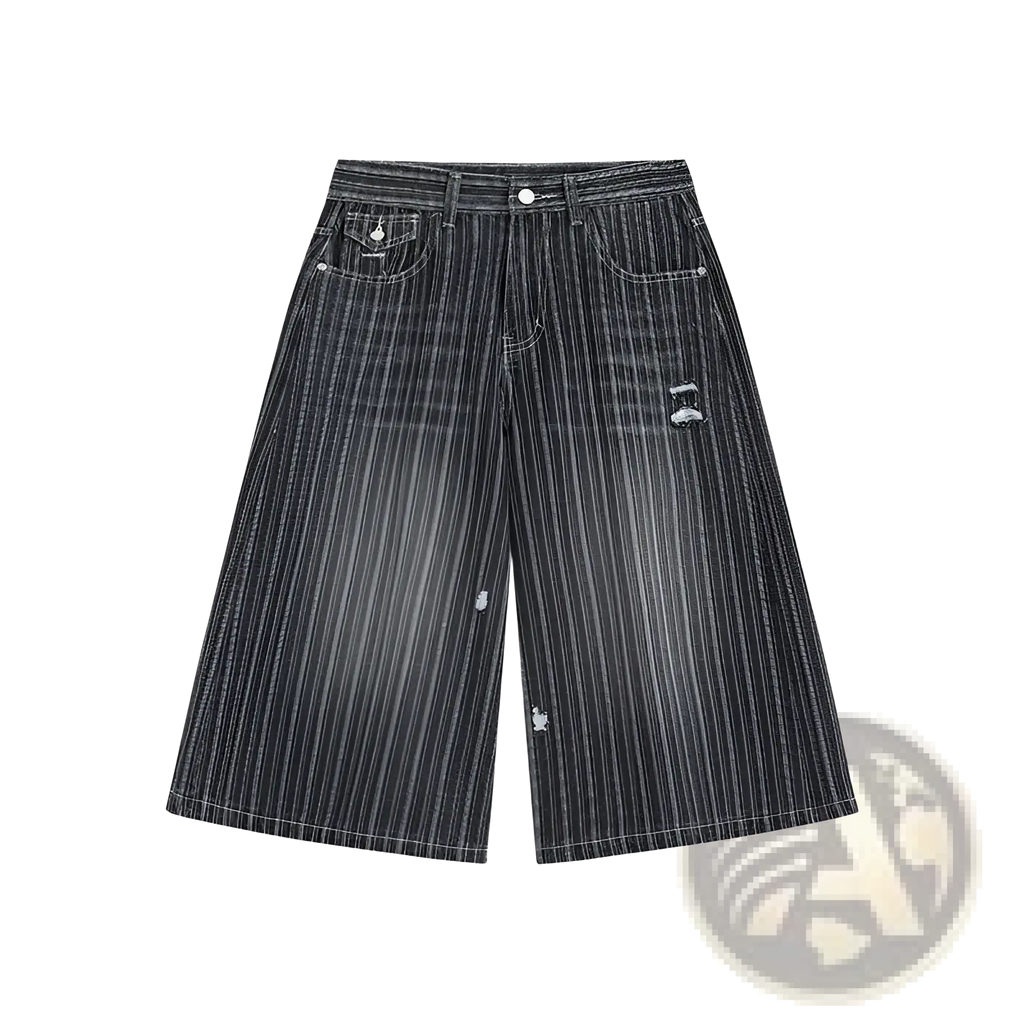 Black and white vertically striped distressed denim shorts ideal for casual summer wear
