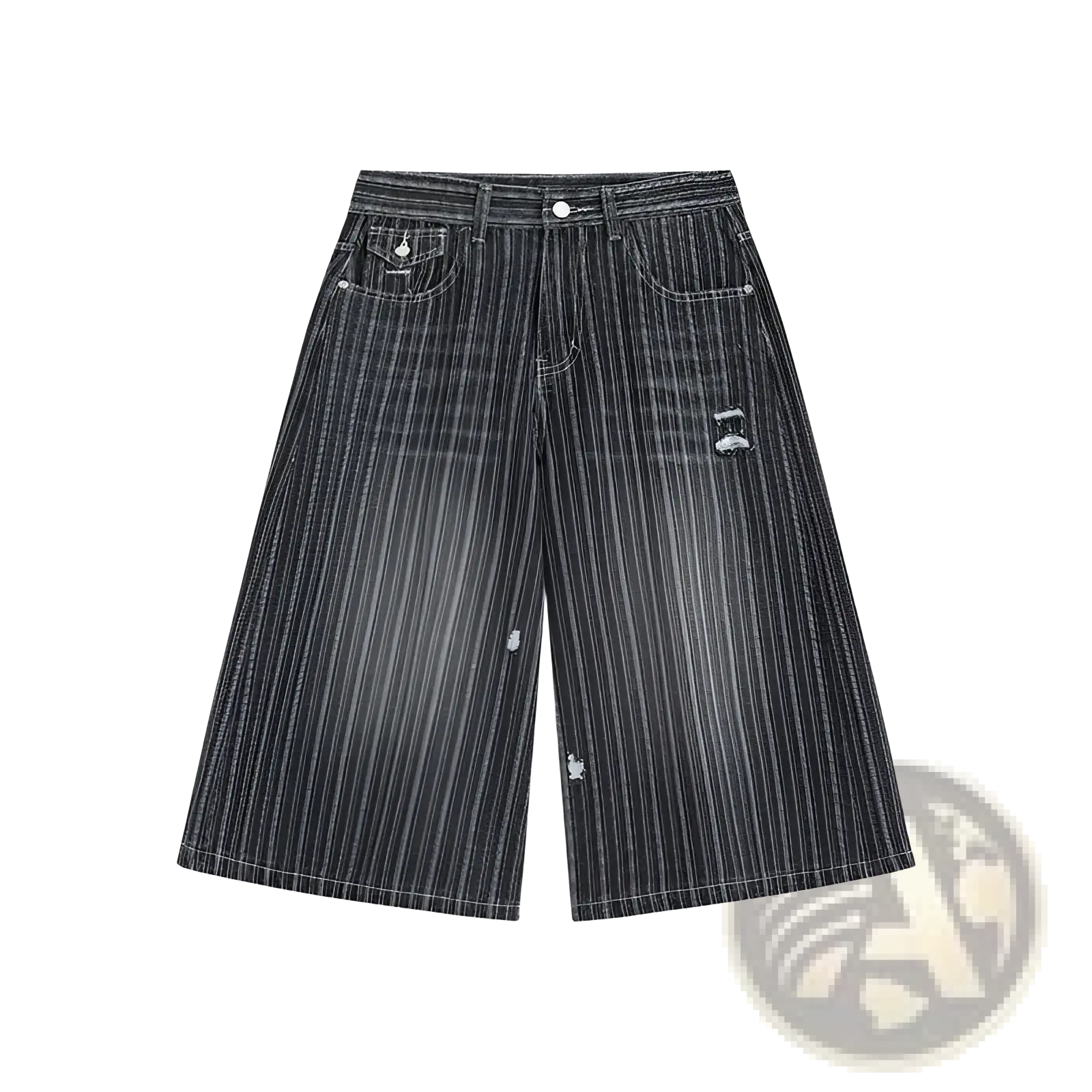 Black and white vertically striped distressed denim shorts ideal for casual summer wear