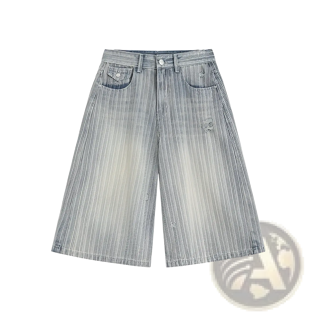 Striped denim capri shorts in light-wash denim with vertical striped texture and subtle distressed details