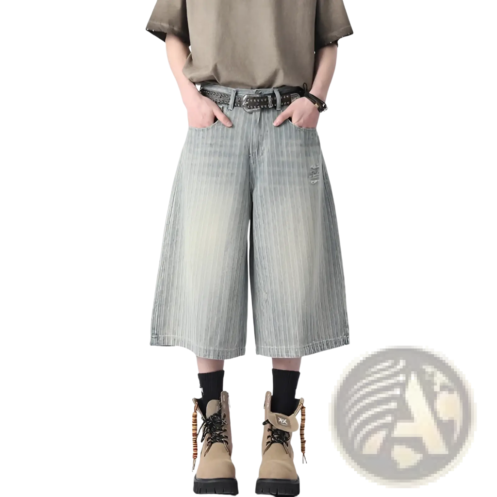Striped denim capri shorts in light-wash denim with vertical pinstripes and a faded distressed look