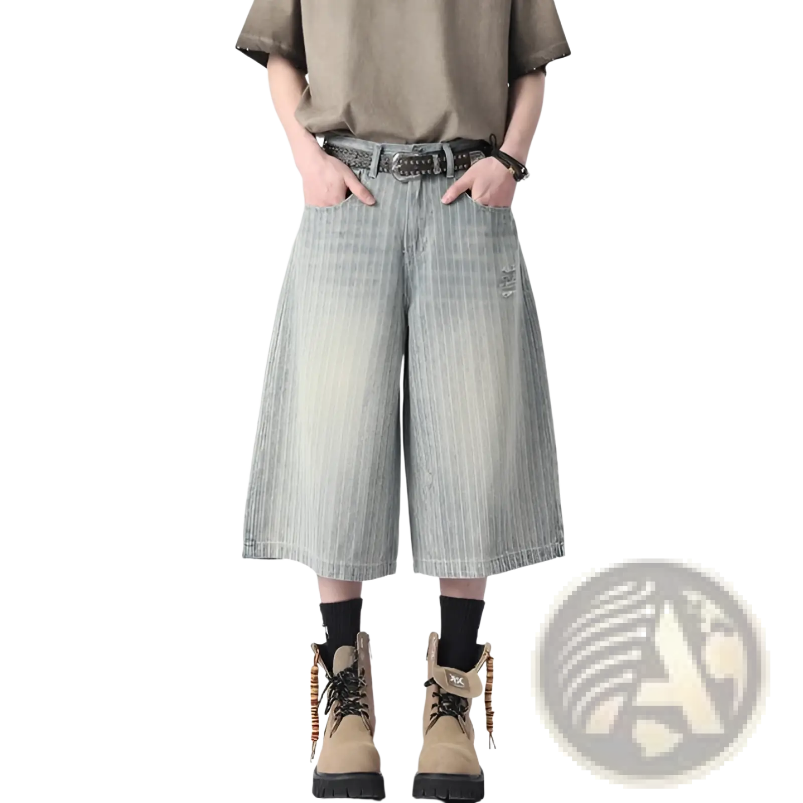 Striped denim capri shorts in light-wash denim with vertical pinstripes and a faded distressed look