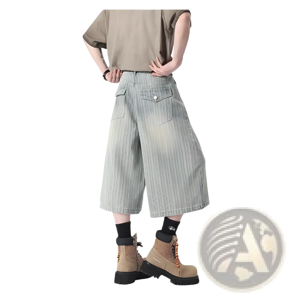 Striped denim capri shorts in light-wash denim with vertical pinstripes and front pockets in a wide-leg style