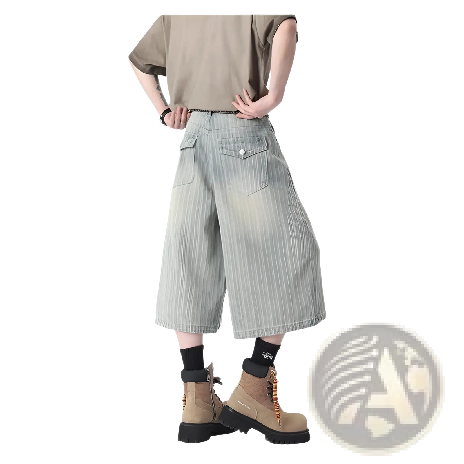 Striped denim capri shorts in light-wash denim with vertical pinstripes and front pockets in a wide-leg style