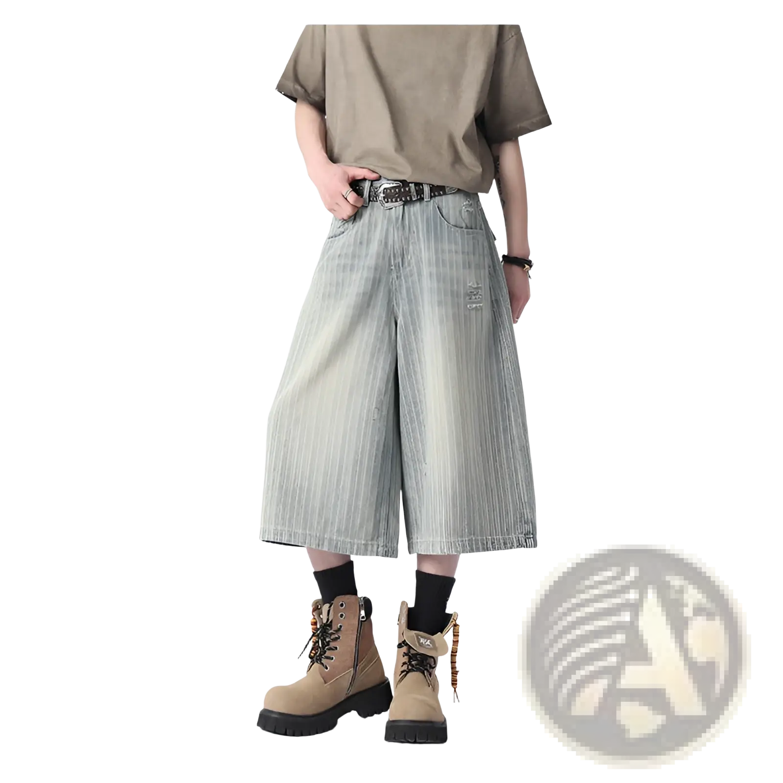 Light-wash denim striped capri shorts with wide legs and a distressed patch on the thigh